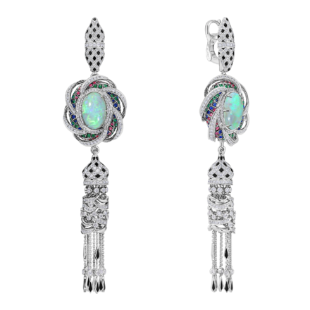 Серьги с опалами, изумрудами, рубинами, сапфирами и бриллиантами, белое золото 2