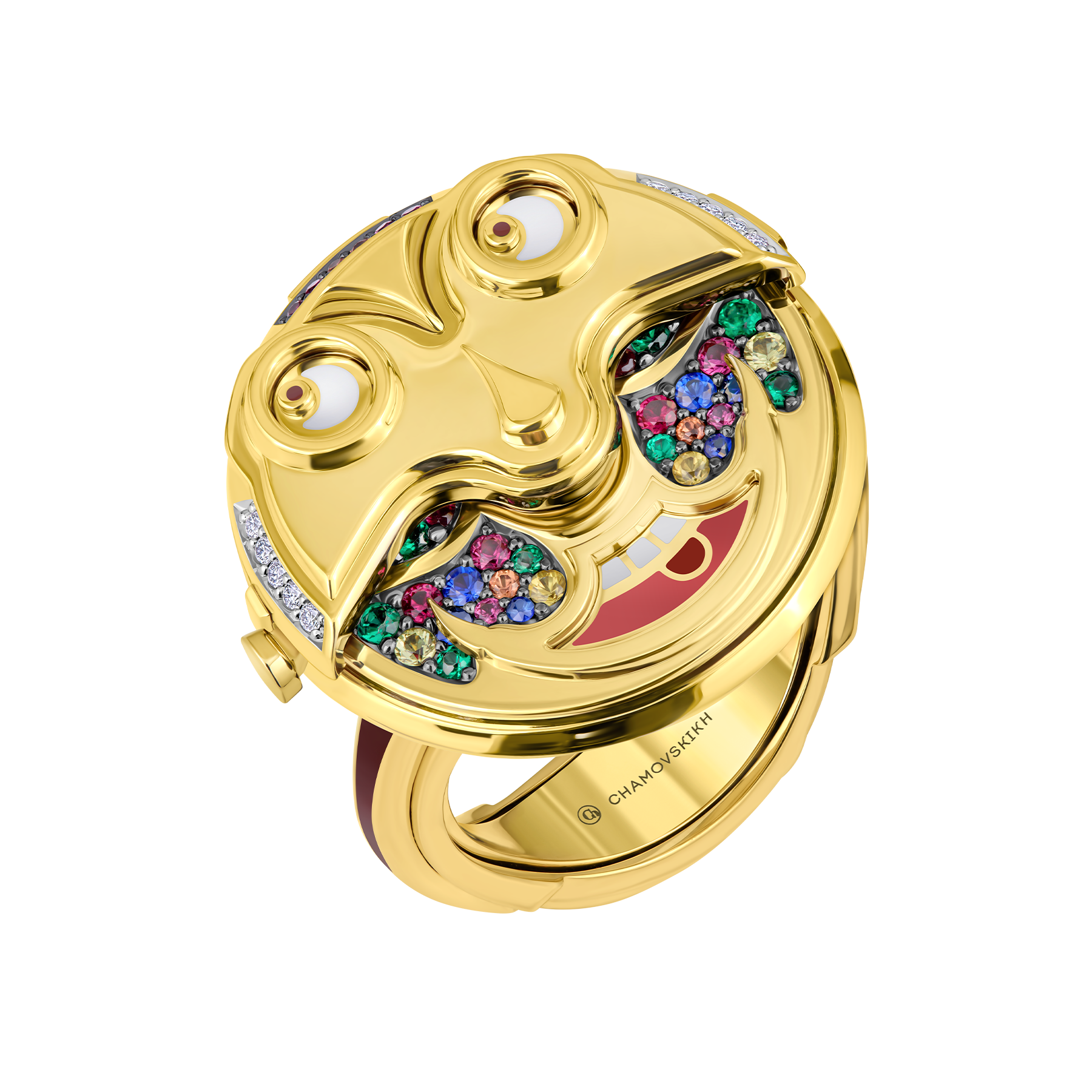 Кольцо с рубинами, сапфирами, изумрудами и бриллиантами, желтое золото