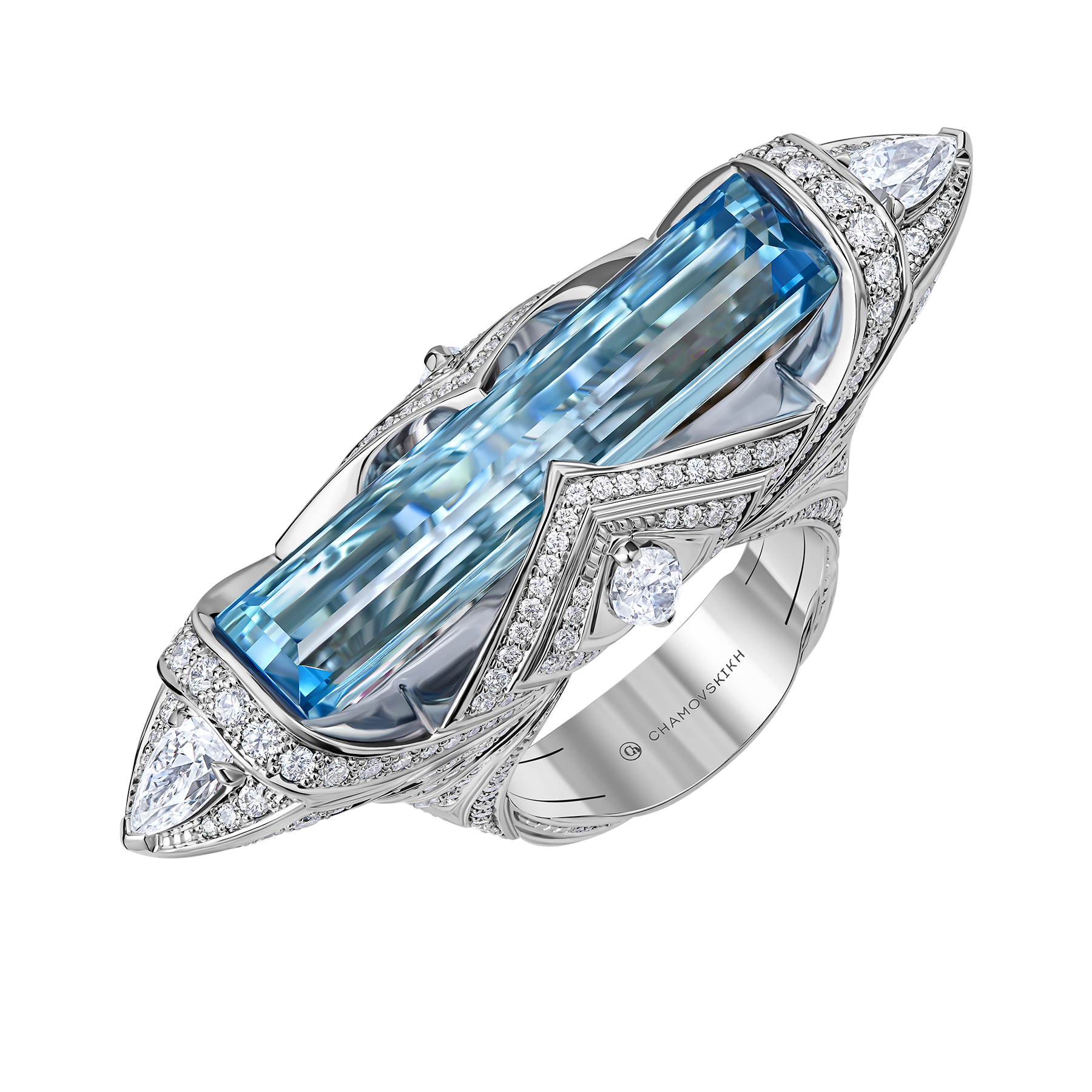 Кольцо с аквамарином и бриллиантами, белое золото
