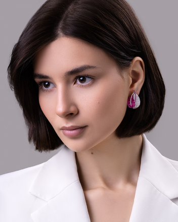 Серьги с рубинами, розовыми сапфирами и бриллиантами, белое золото 2