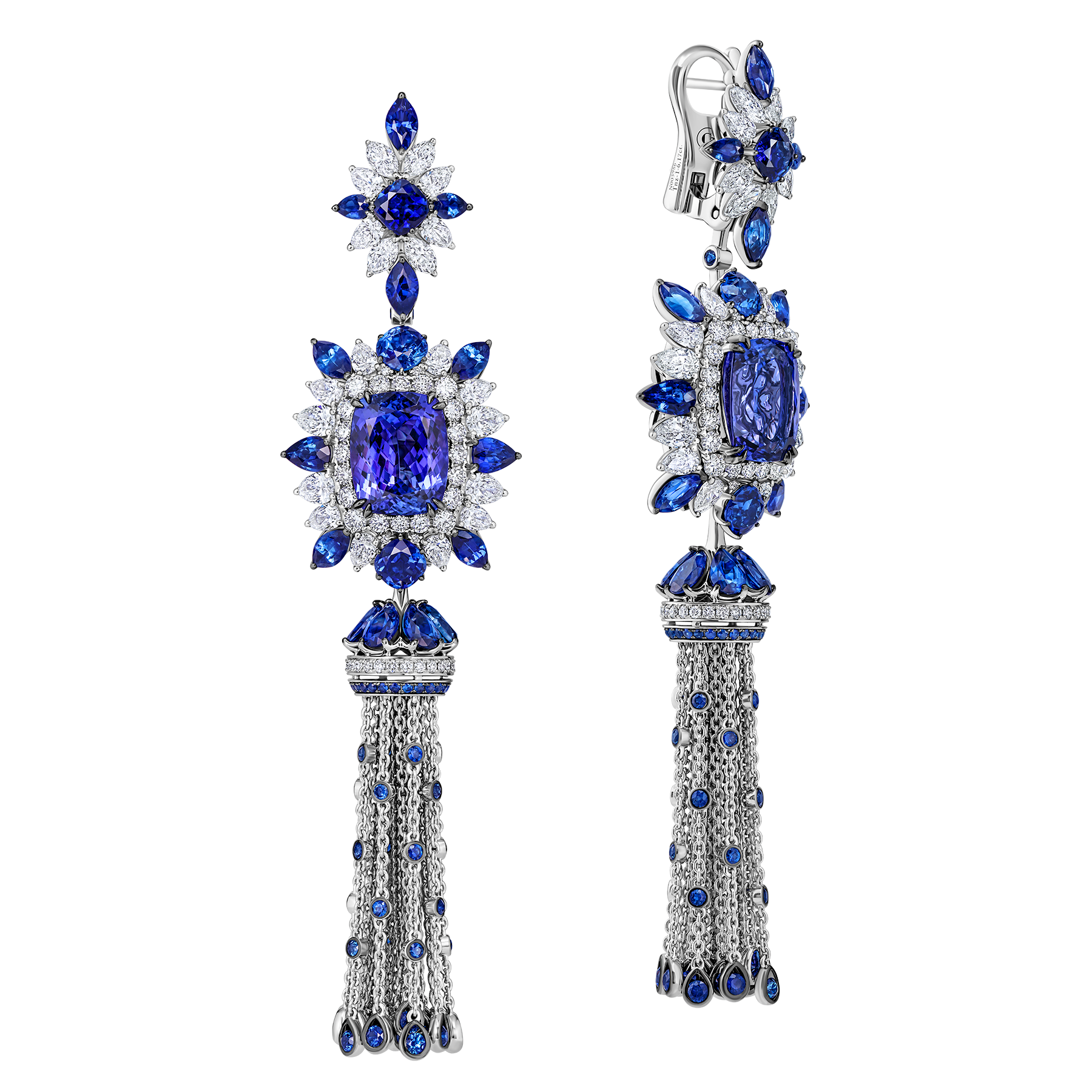 Серьги с танзанитами, сапфирами и бриллиантами, белое золото