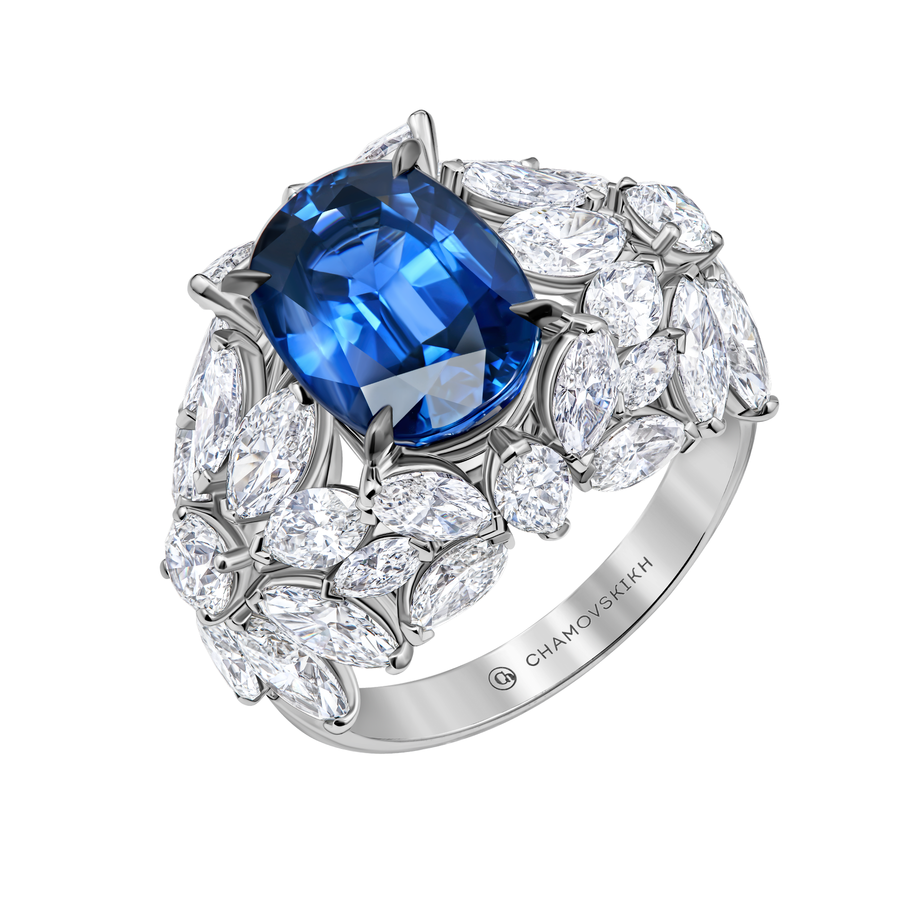 Кольц с сапфиром и бриллиантами, белое золото