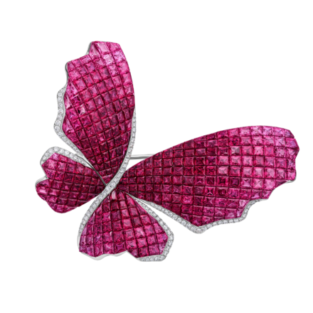 Брошь с рубинами, розовыми сапфирами и бриллиантами, белое золото