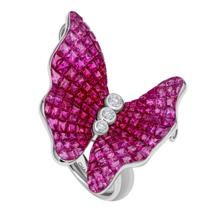 Кольцо с рубинами, розовыми сапфирами и бриллиантами, белое золото