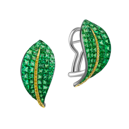 Серьги с тсаворитами и желтыми бриллиантами, белое золото