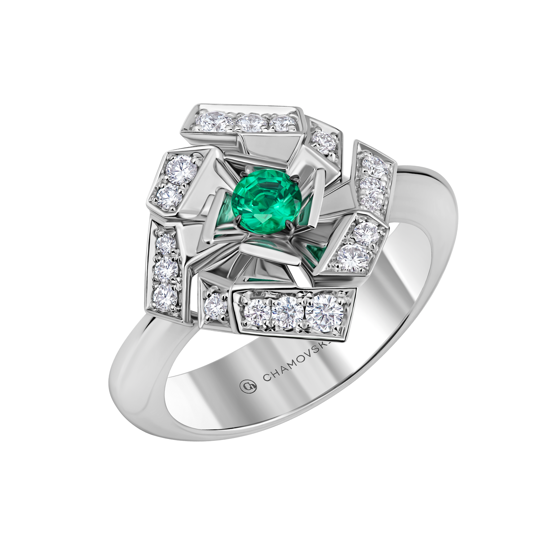 Кольцо с изумрудом и бриллиантами, белое золото