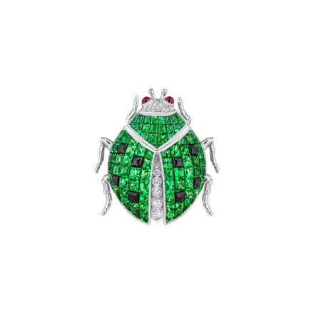 Брошь с тсаворитами, рубинами, сапфирами и бриллиантами, белое золото