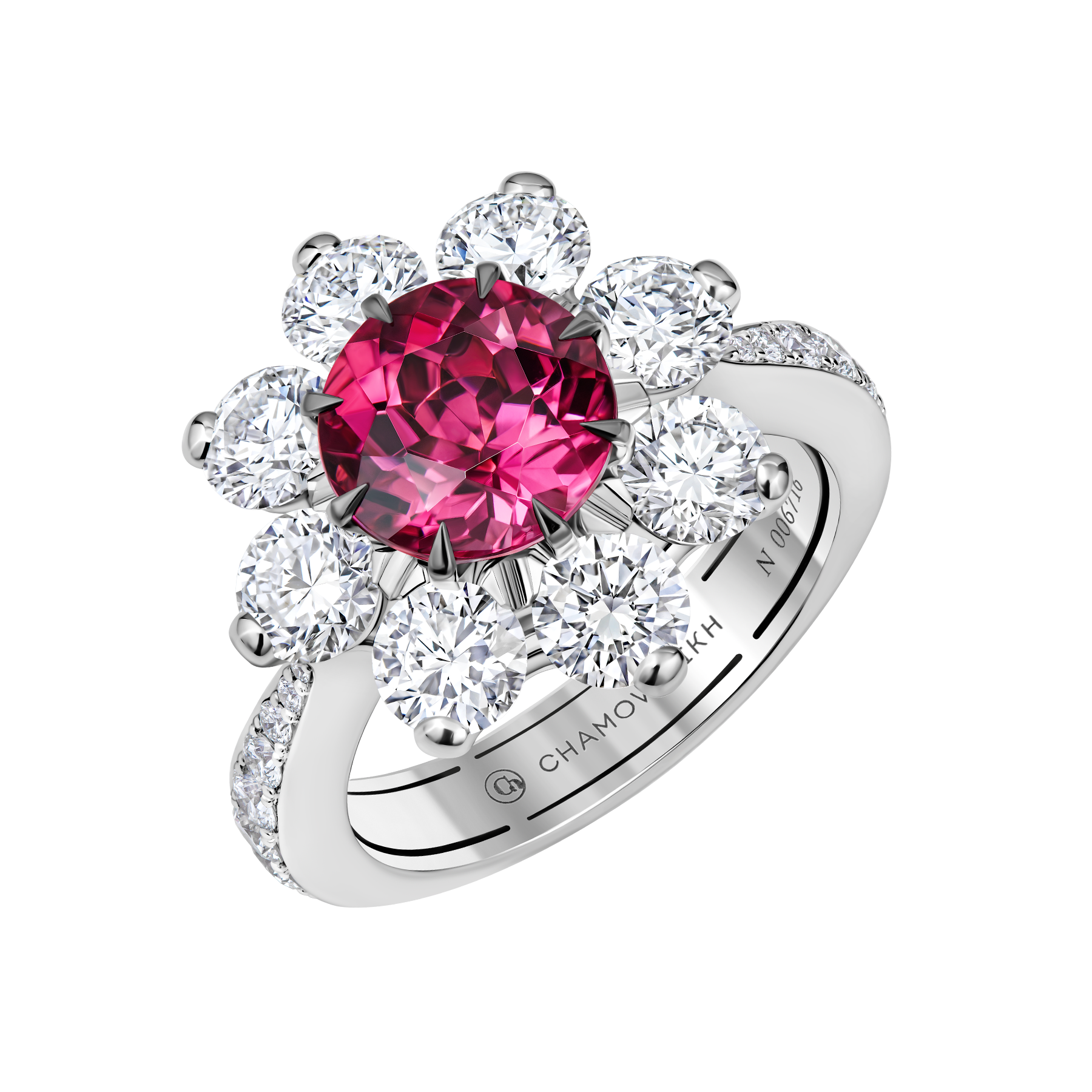 Кольцо с турмалином рубеллитом и бриллиантами, белое золото