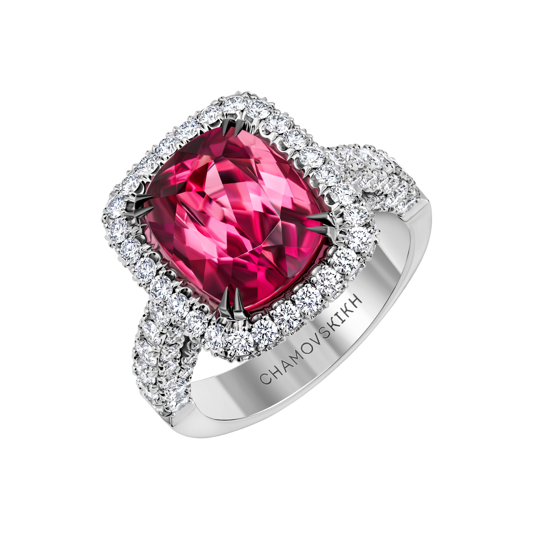 Кольцо с турмалином рубеллитом и бриллиантами, белое золото