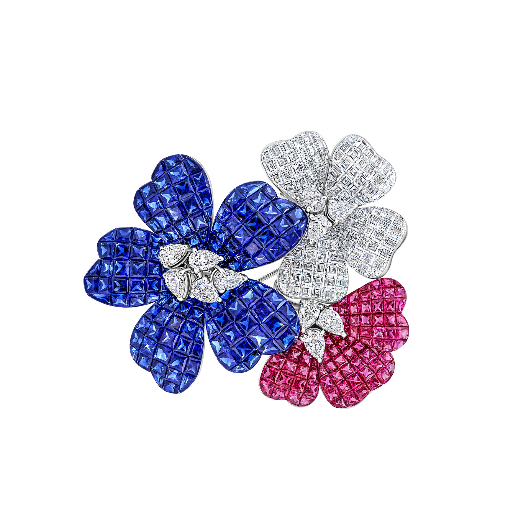 Брошь с рубинами, сапфирами и бриллиантами, белое золото