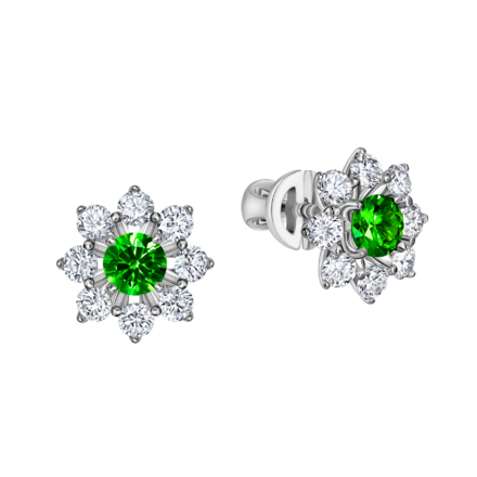 Пусеты с демантоидами и бриллиантами, белое золото