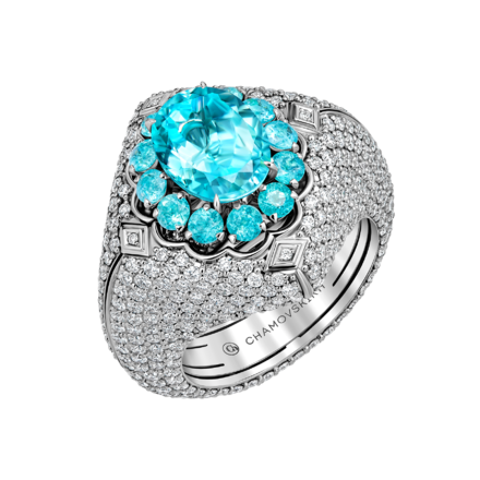 Кольцо с турмалином параибой и бриллиантами, белое золото