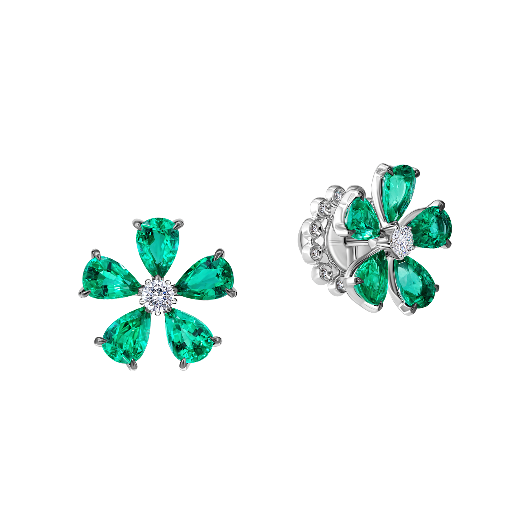 Пусеты с изумрудами и бриллиантами, белое золото