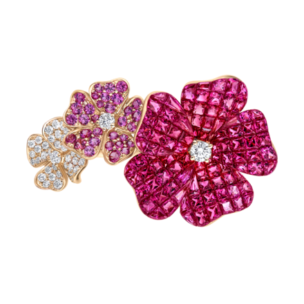 Кольцо с рубинами, розовыми сапфирами и бриллиантами, розовое золото 2