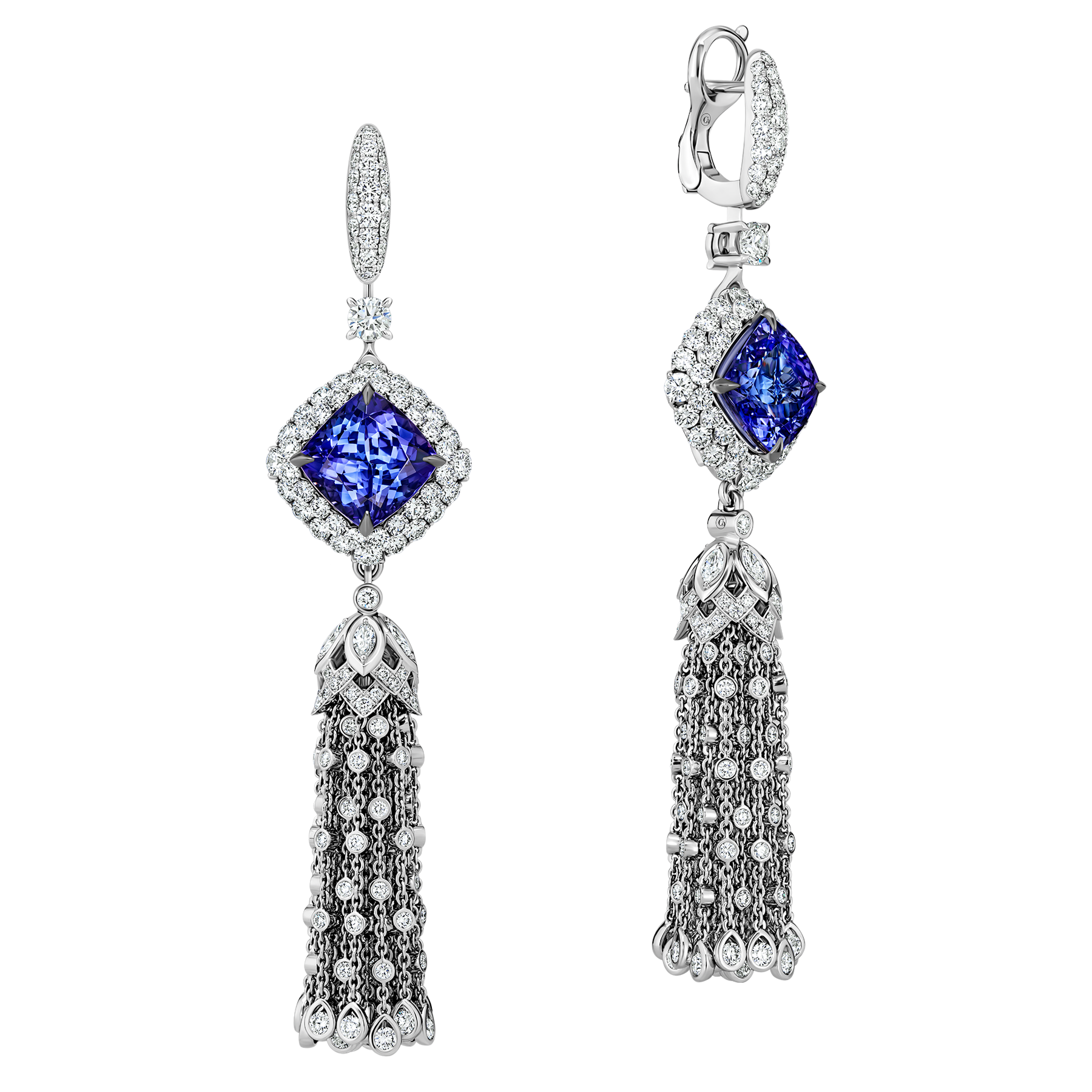 Серьги с танзанитами, сапфирами и бриллиантами, белое золото