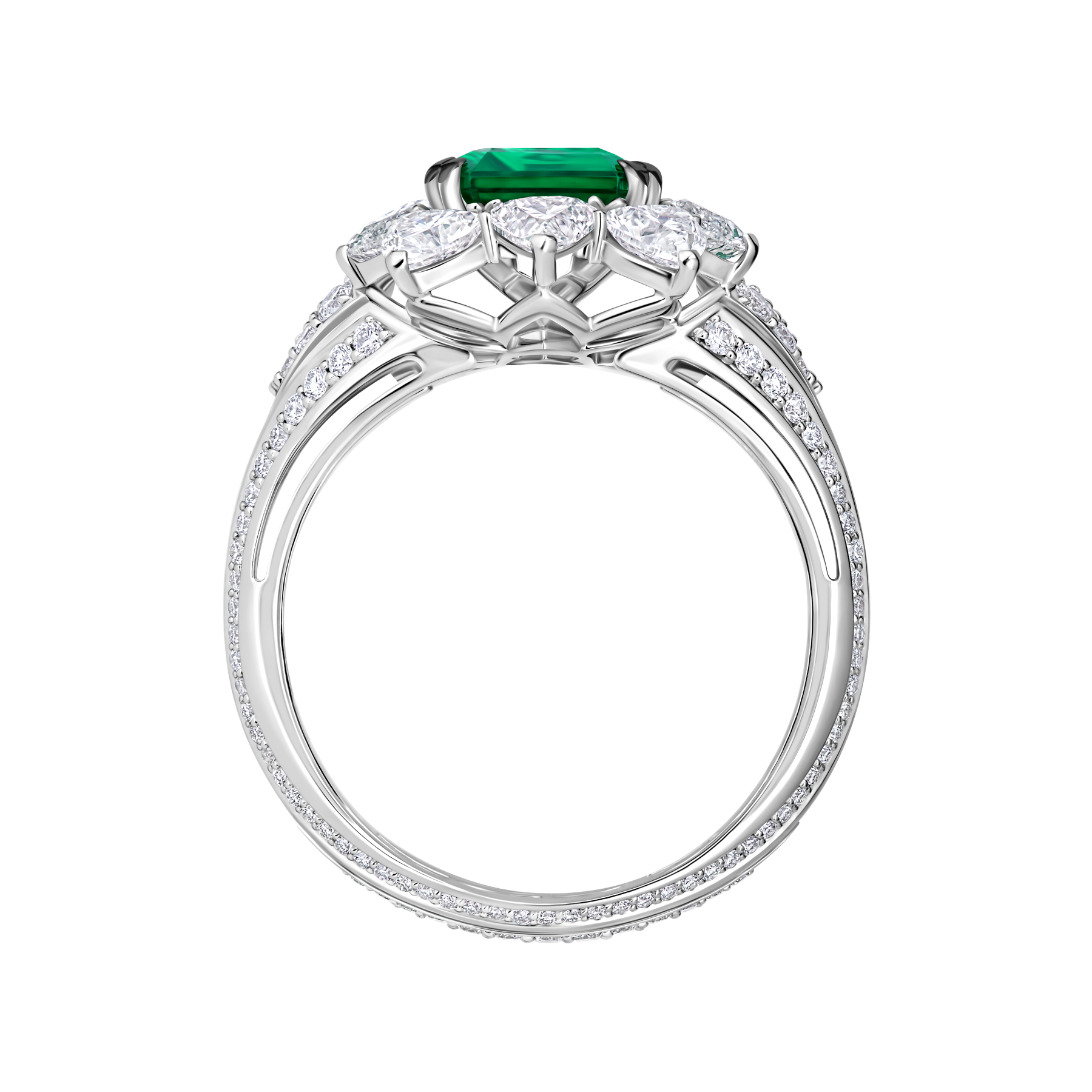 Кольцо с изумрудами и бриллиантами, белое золото
