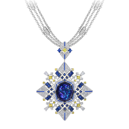 Подвес-брошь с опалом, сапфирами, бриллиантами и желтыми сапфирами, белое золото, нанокерамика