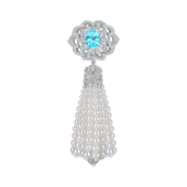 Подвес-брошь с турмалином параиба, бриллиантами и жемчугом, белое золото