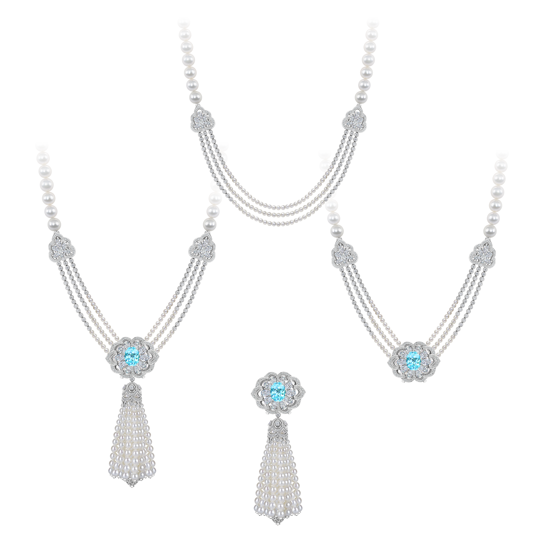 Подвес-брошь с турмалином параиба, бриллиантами и жемчугом, белое золото