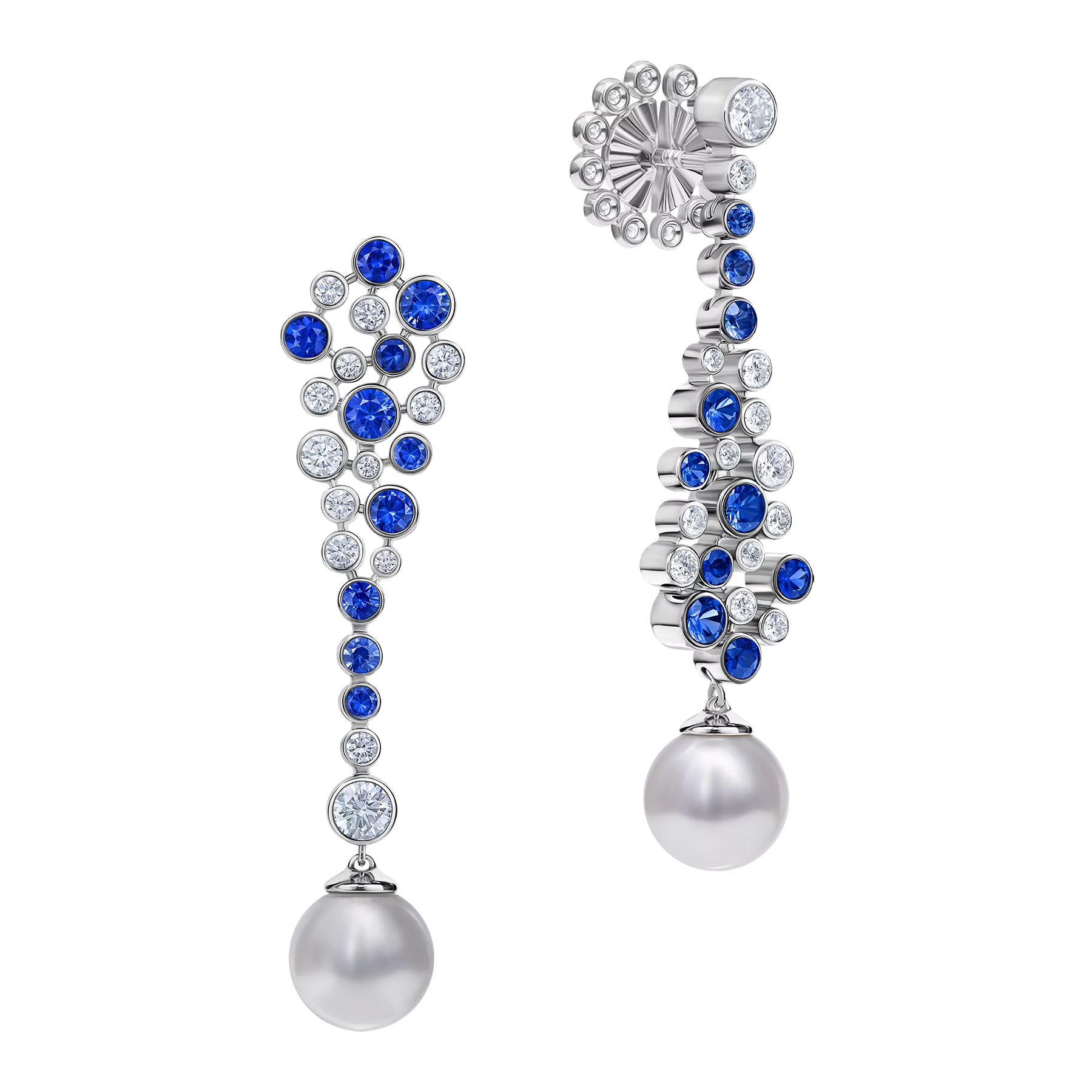 Пусеты с жемчугом, бриллиантами и сапфирами, белое золото