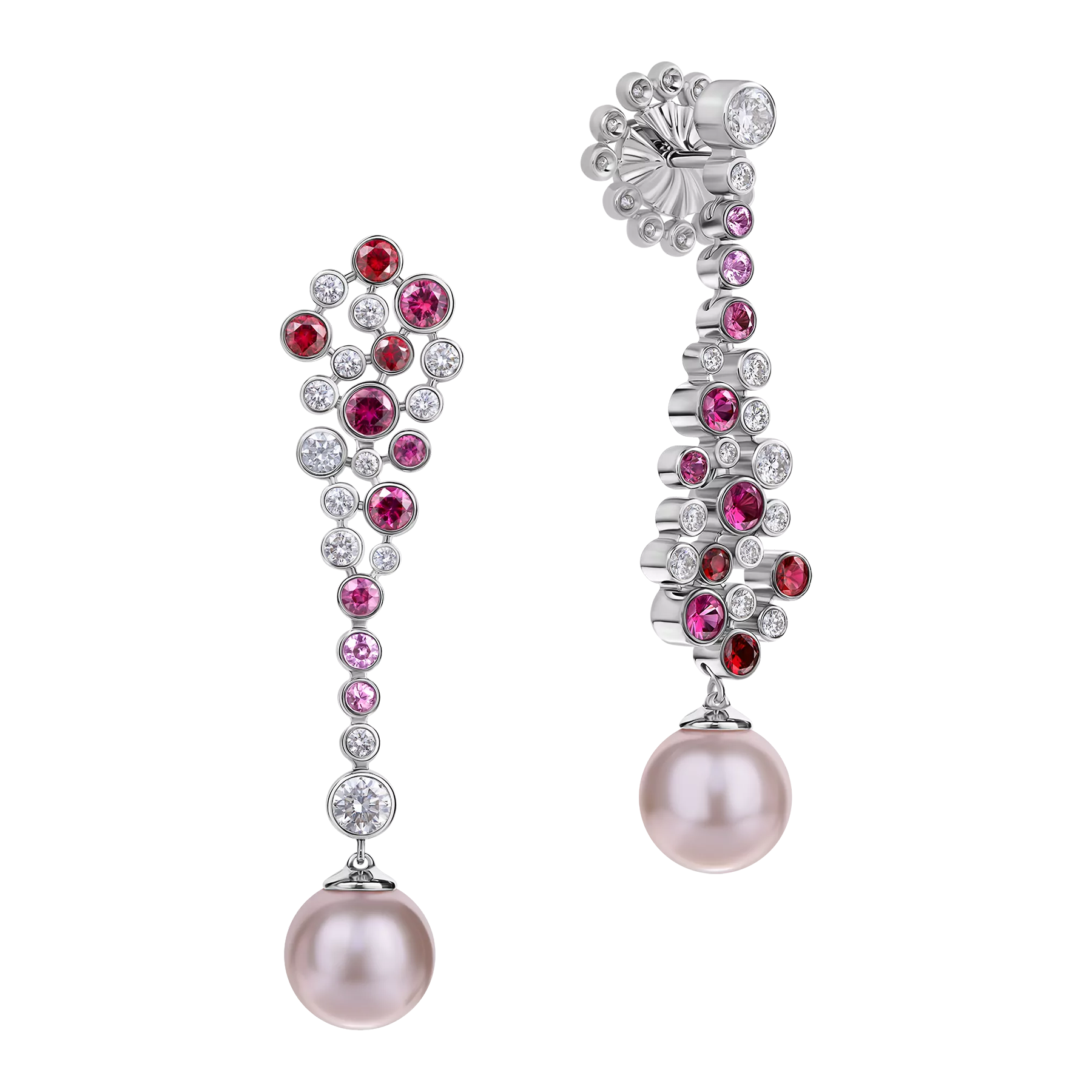 Пусеты с бриллиантами, розовыми сапфирами и рубинами, жемчуг культивированный, белое золото