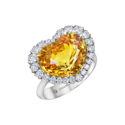 Кольцо с желтым сапфиром и бриллиантами, белое золото