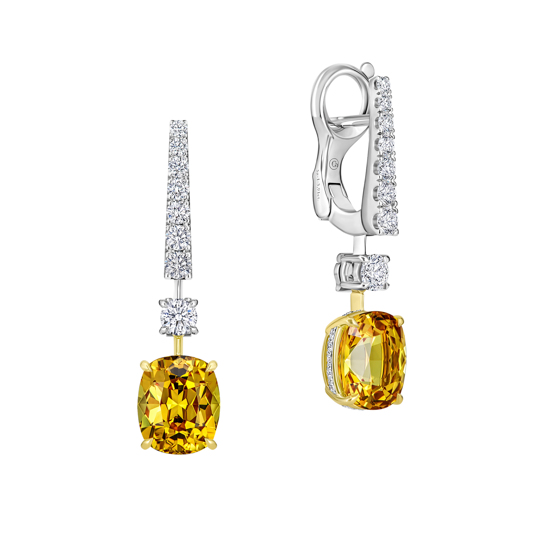 Серьги с желтыми сапфирами и бриллиантами, белое золото
