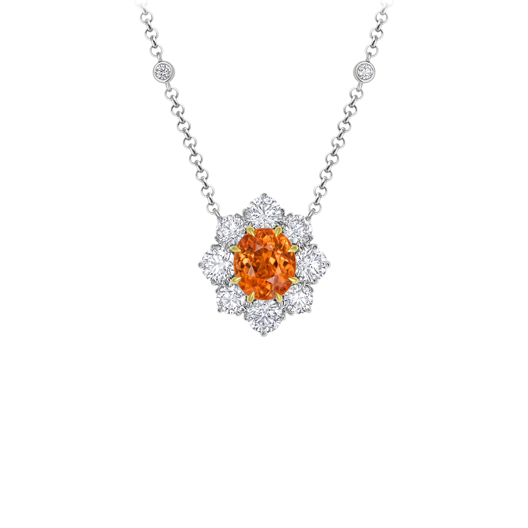 Колье со спессартином и бриллиантами, белое золото