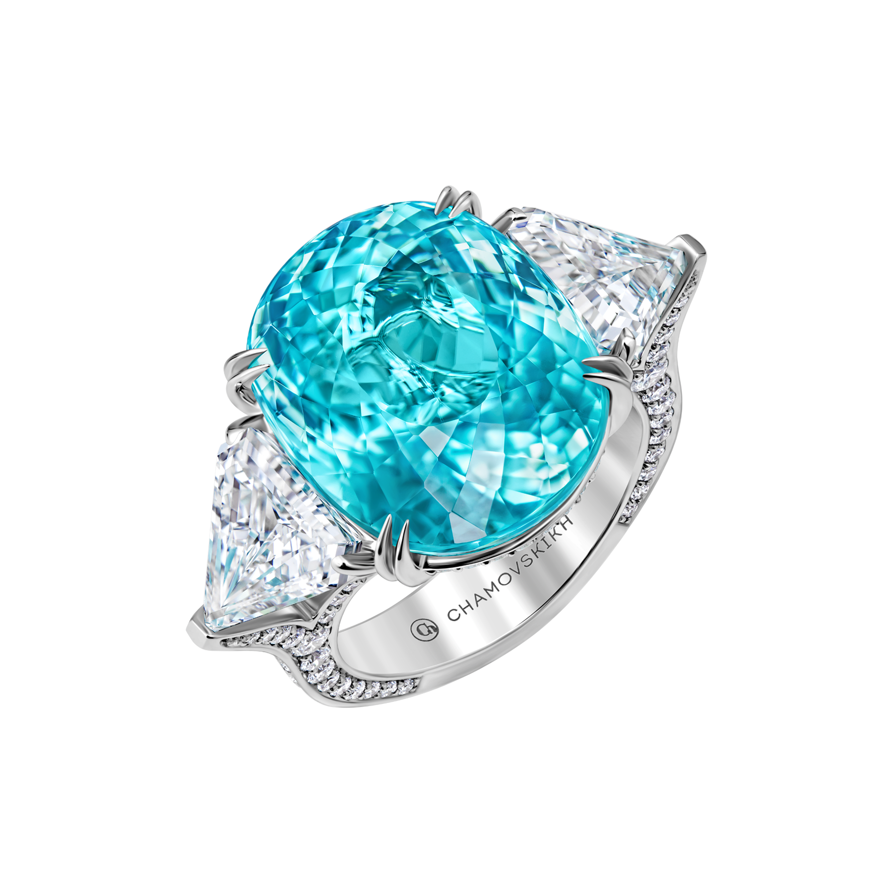 Кольцо с турмалином параиба и бриллиантами, белое золото