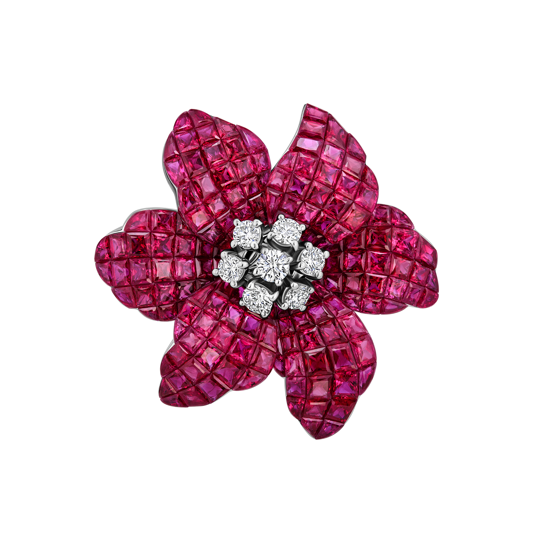Брошь с рубинами и бриллиантами, белое золото