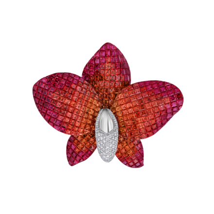 Брошь с рубинами, оранжевыми сапфирами и бриллиантами, белое золото