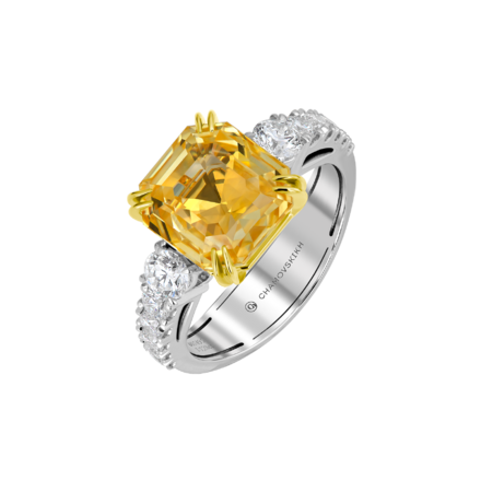 Кольцо с желтым сапфиром и бриллиантами, белое золото