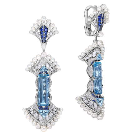 Серьги с аквамаринами, бриллиантами, сапфирами и жемчугом, белое золото, н.керамика