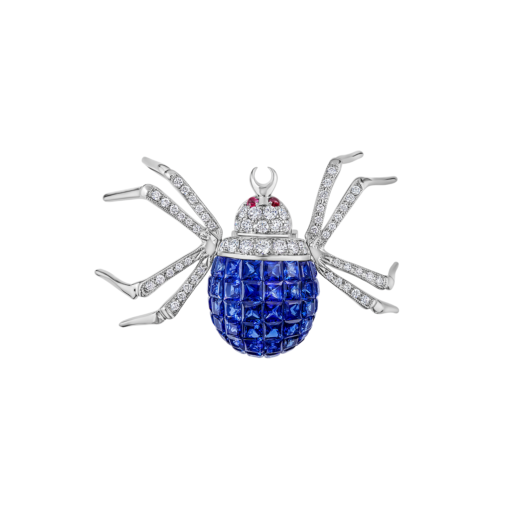 Брошь с сапфирами, бриллиантами и рубинами, белое золото