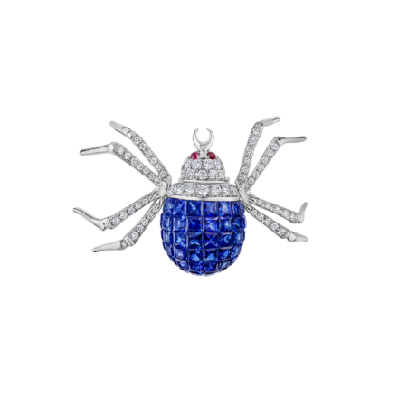 Брошь с сапфирами, бриллиантами и рубинами, белое золото